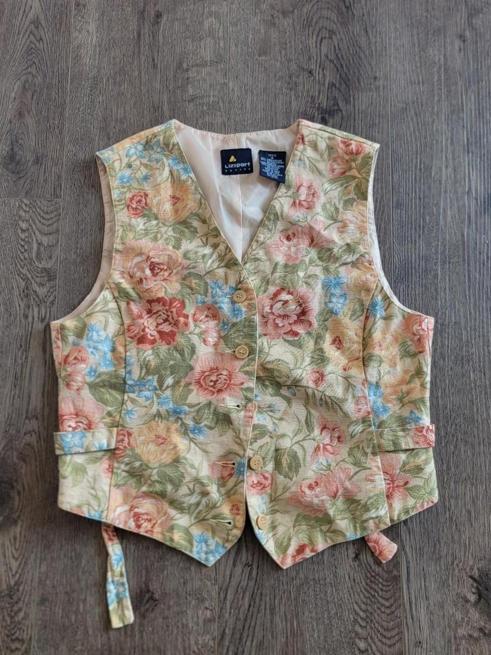 Lizsport Floral Button Front Vest in Pastel Garden Print